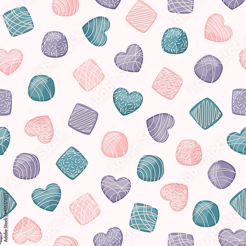 Vector seamless pattern. Coral, emerald, purple chocolate candies isolated on white background. 
