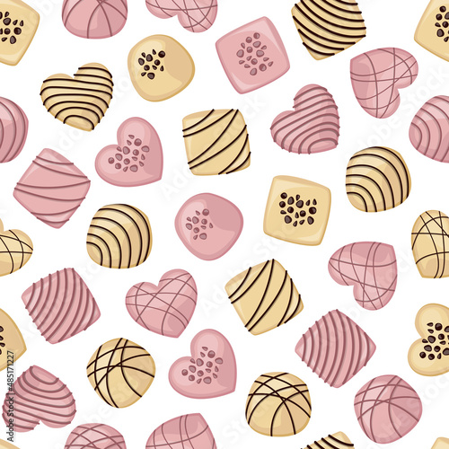 White and pink chocolate candies of different shapes on white background. Vector seamless pattern. 