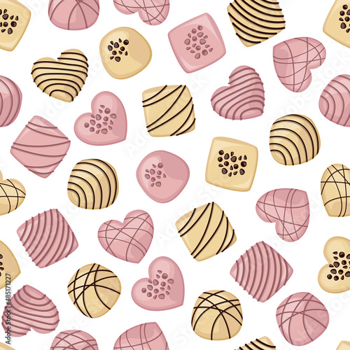 White and pink chocolate candies of different shapes on white background. Vector seamless pattern.
