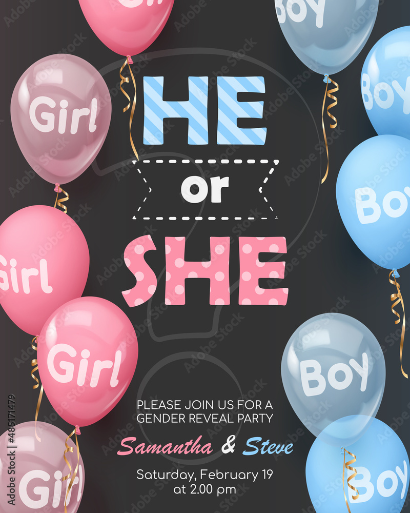 Poster for gender reveal party with realistic pink and blue balloons