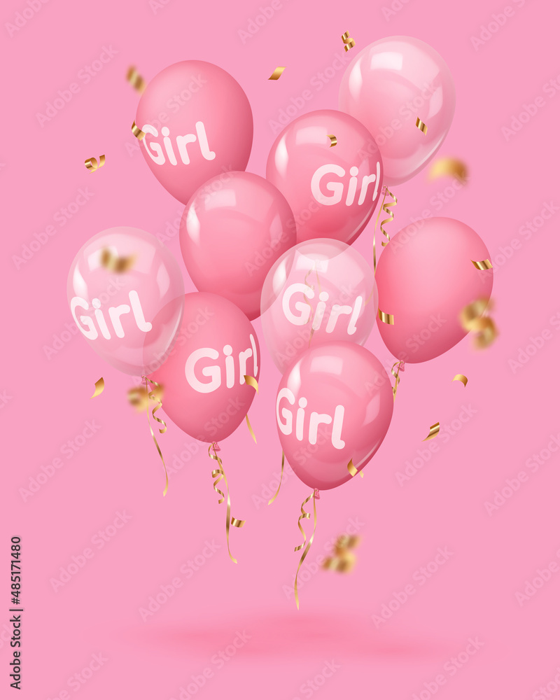 Bouquet, bunch of realistic pink balloons with text girl, gold, golden ribbons. Vector illustration for card, gender reveal party, design, flyer, poster, decor, banner, web, advertising. 