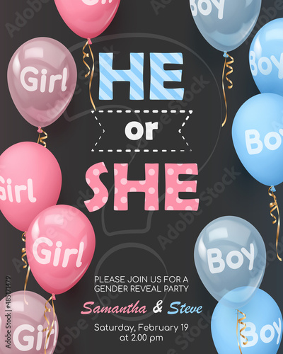 Poster for gender reveal party with realistic pink and blue balloons with text boy, girl, gold ribbons. Vector illustration for card, , design, flyer, poster, decor, banner, web, advertising.