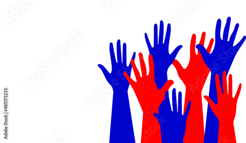 Hands of people with different skin colors, different nationalities and religions. Activists, feminists and other communities fight for equality. White background with copy space. Vector.