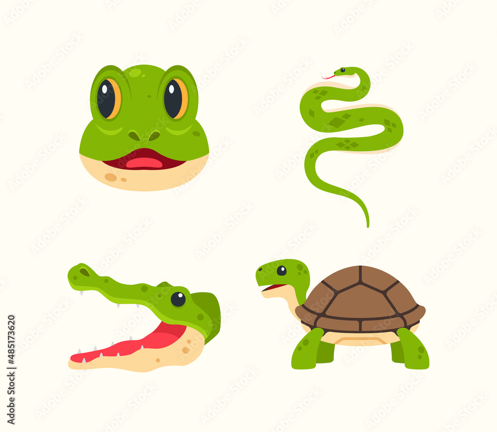 Reptile animal vector icon set. Emoji reptile icon set. Frog, snake, crocodile and tortoise icon set