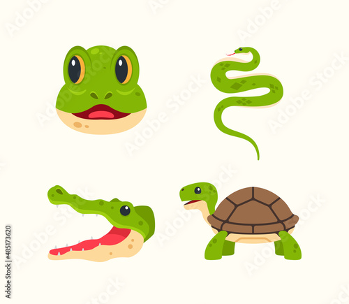 Reptile animal vector icon set. Emoji reptile icon set. Frog  snake  crocodile and tortoise icon set