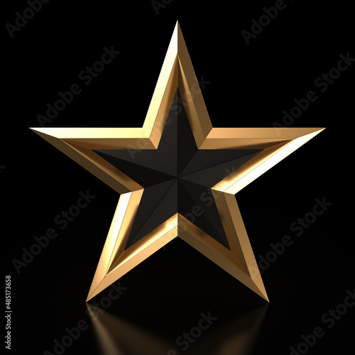 Black and gold star on a black background with reflection. 3D rendering