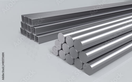 Illustration of iron square tubes on a white background. 3D rendering