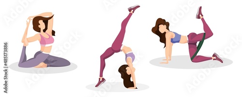 Vector illustration with woman doing physical activity. Healthy girl in leggings and sports bras on white background. Fitness, yoga and meditation. Healthy lifestyle at home and in the studio © Viktoriia