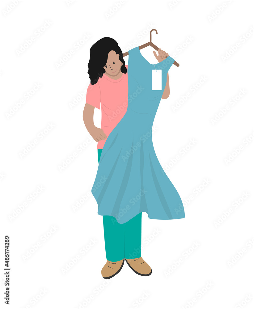 A woman chooses, tries on a blue, blue dress. The girl is shopping. A business woman chooses an outfit for a holiday. Colored vector illustration on a white background. A woman chooses, tries on a blue, blue dress. The girl is shopping. A business woman chooses an outfit for a holiday. Colored vector illustration on a white background.