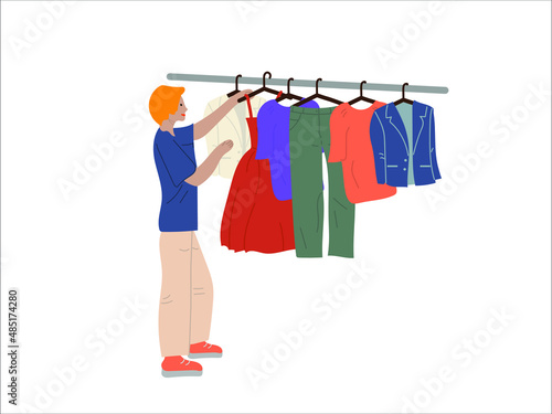 The girl chooses, tries on a dress in the wardrobe. Woman shopping, shopping shopping. A business woman chooses an outfit for a holiday. Colored vector illustration on a white background.
