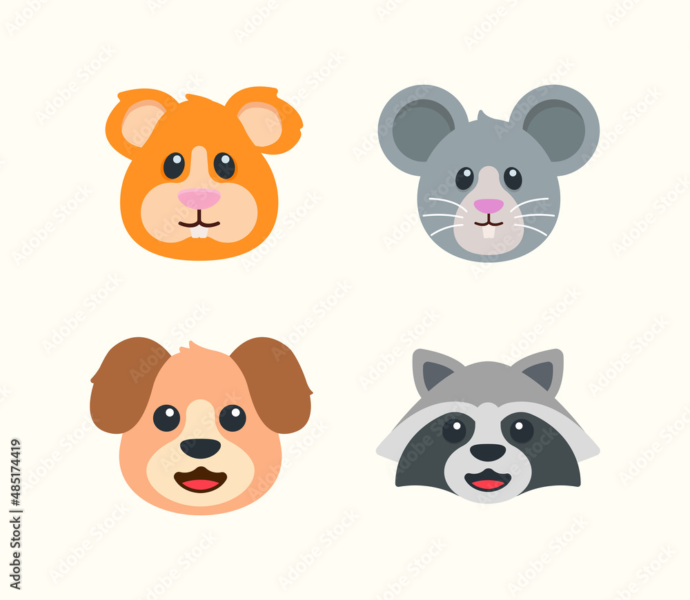 Animal emoji icon set. Hamster, mouse, dog and raccoon face icon Animal emoji icon set. Hamster, mouse, dog and raccoon face icon
