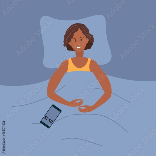 Sad woman lying in bed with eyes open at night. Woman cannot sleep. Insomnia and tired, sleeplessness and thinking. Character who cant sleep, depressed person. Vector illustration in Flat style