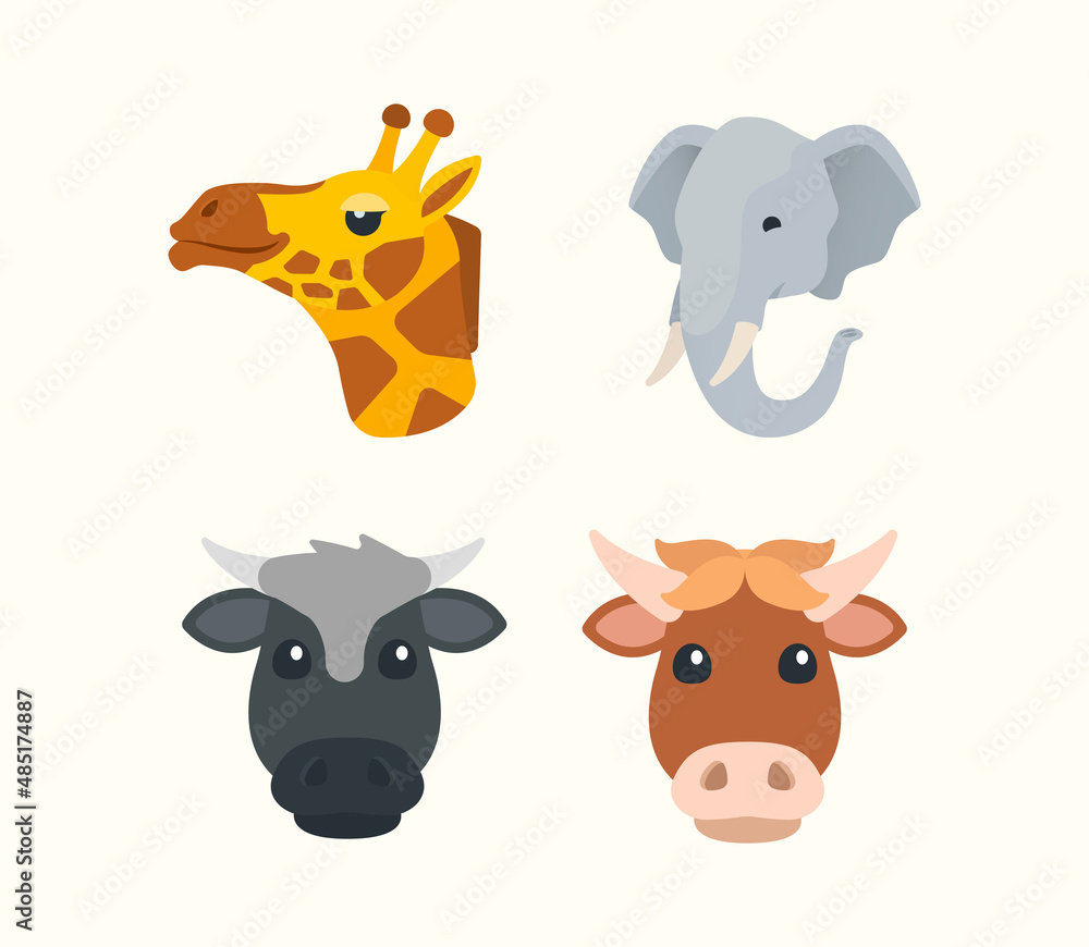 Animal vector isolated icon set. Giraffe, elephant, bull and cow head icon illustration. Emoji animal set