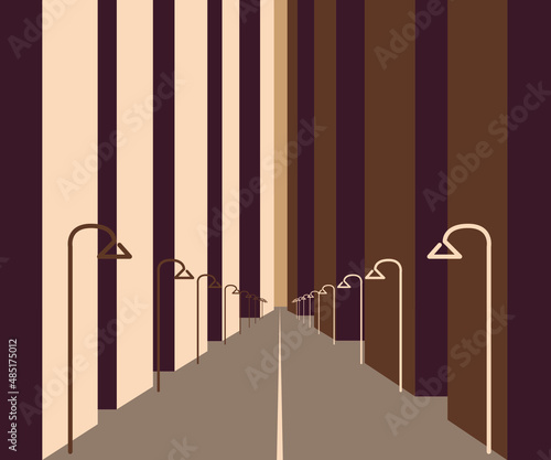 Vector illustration - abstract deserted street with facades of multi-storey buildings and lanterns along the road in brown trend color