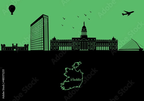 Dublin city skyline silhouette - illustration, 
Town in red background, 
Map of Ireland