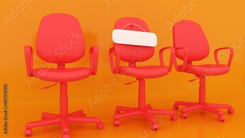 Blank sign on an empty chair. Hiring new job vacancy concept. 3D Rendering. 4K Ultra Hd.