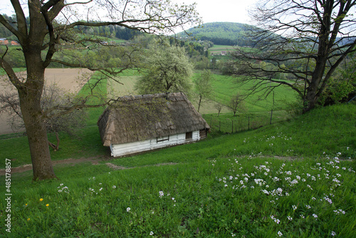 Old wooden hut in Szymbark, Beskid Niski Mountains, Poland