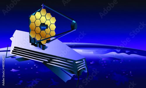 illustration depicting the latest telescope with golden, hexagonal mirrors in outer space for the design of scientific and technical content and websites