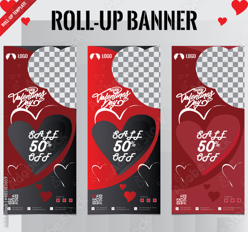 Valentine's day Rollup, Black and Red Roll up banner template vector, x-banner, poster, pull up design, layout, business flyer, web banner, exhibition, stand, presentation, luxurious concept idea.