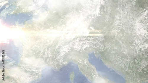 Earth zoom in from outer space to city. Zooming on Liechtenstein, Vaduz. The animation continues by zoom out through clouds and atmosphere into space. View of the Earth at night. Images from NASA