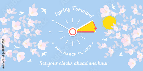 Spring daylight saving time starts. Banner with clock schedule and date of 13 march, 2022, spring blossom of flowers and flying birds. Spring Forward Time design of template concept.