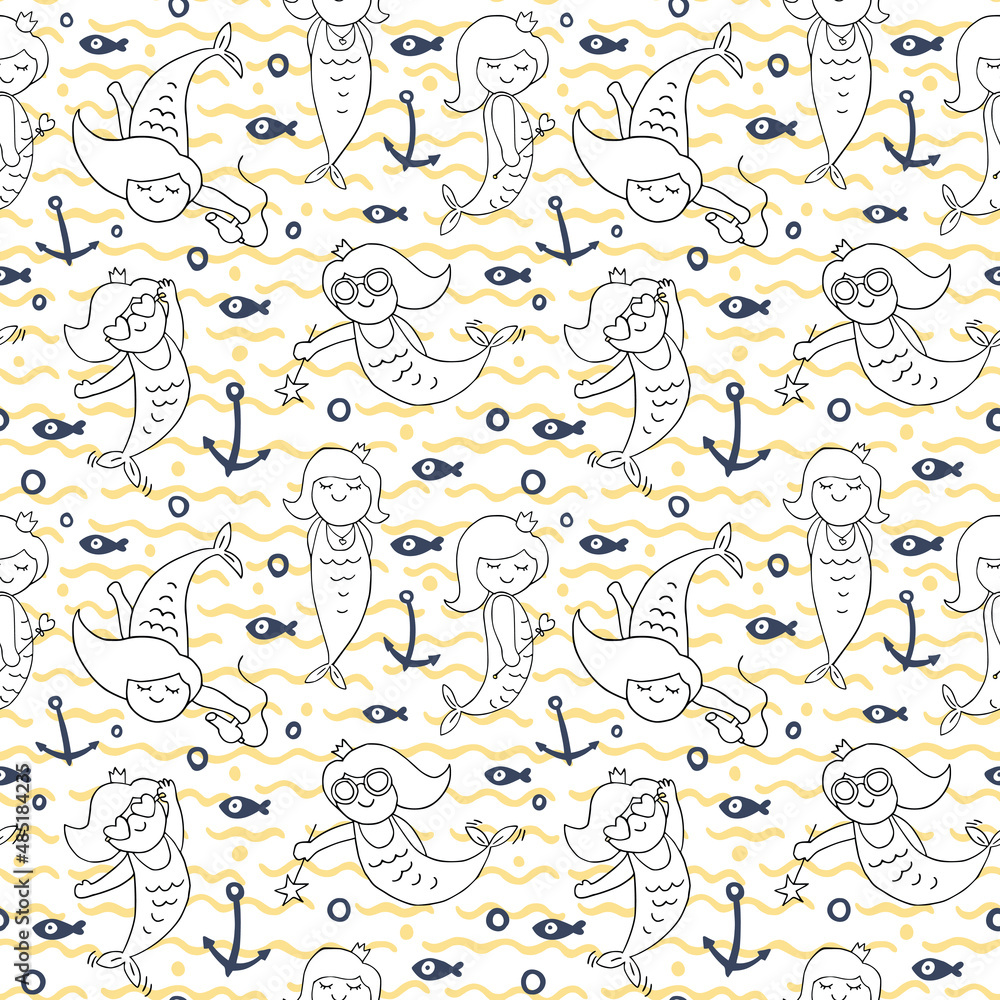 Seamless background with cute little mermaids. Coloring. Line drawn.