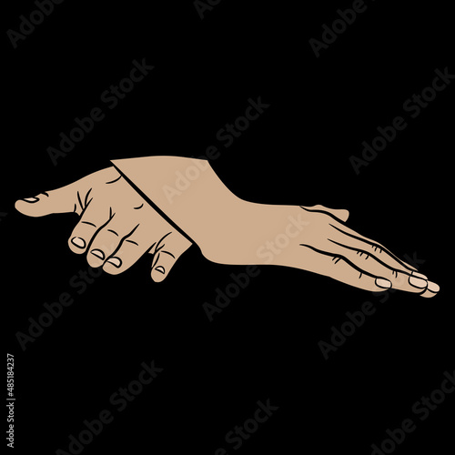 Two human hands in pressing massage gesture. Cartoon style. On black background.