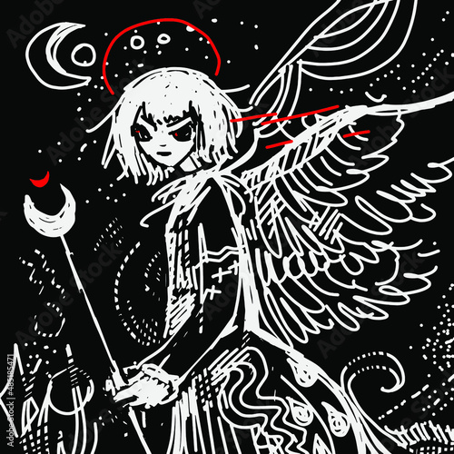 The magical angel girl with a wings. Mystery doodle art.