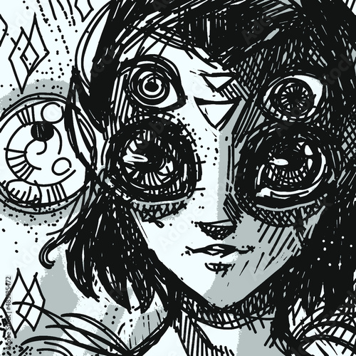 The magical portrait girl with a four eyes. Mystery doodle art.