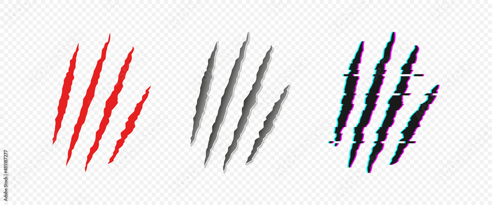 Scratches from the claws of a beast or animal in flat, realism and glitch styles. Claw marks set. Vector illustration EPS 10 - obrazy, fototapety, plakaty 