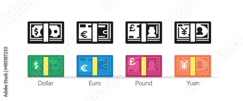 Set of symbols of popular currencies. Money banknotes dollar euro pounds and yuan in two styles. Vector EPS 10