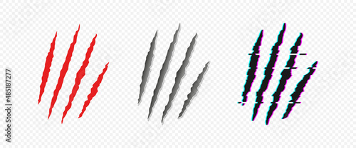 Scratches from the claws of a beast or animal in flat, realism and glitch styles. Claw marks set. Vector illustration EPS 10