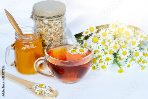 cup of herbal chamomile tea and daisy flowers. doctor treatment and prevention of immune concept, medicine - folk, alternative, complementary, traditional medicine