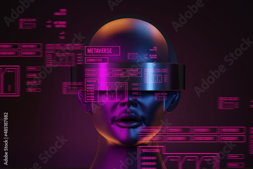 metaverse vr world simulation gaming cyberpunk style, digital robot ai, 3d illustration rendering, virtual reality device photo