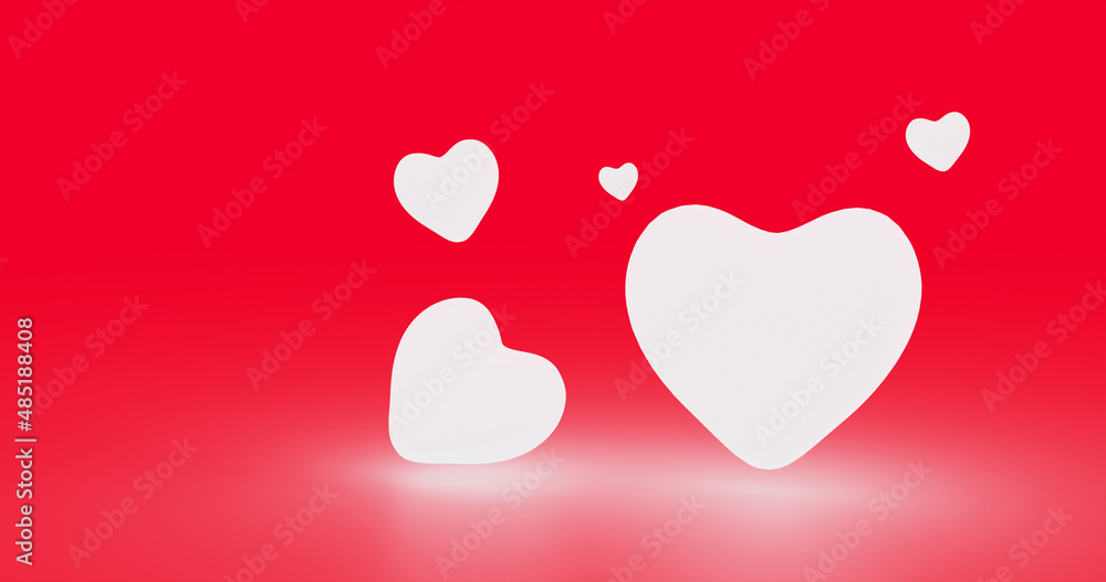 3D white hearts a red background.
