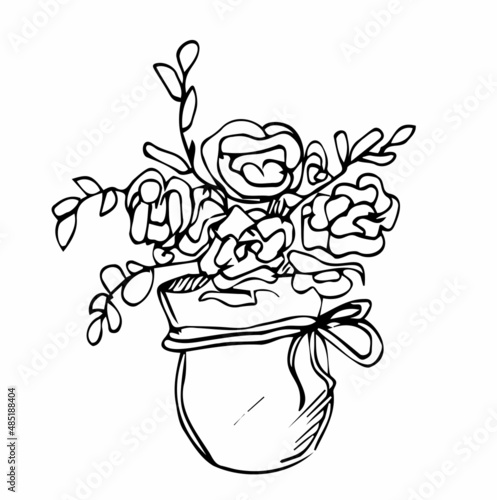 Pot with flower. Hand drawn black outline vector illustration in doodle style, isolated. Design element, clip art for decoration, coloring page