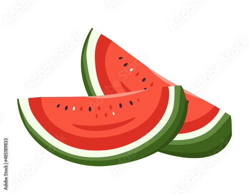 Slice of red juicy watermelon with seeds, cut off half of fruit. Summer sweetness, juicy food. Vector flat illustration