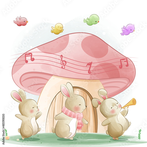 cute bunny playing music instruments and having fun