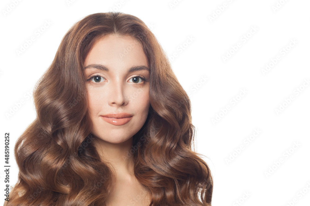Beautiful young woman with long brown wavy hair isolated on white background Beautiful young woman with long brown wavy hair isolated on white background