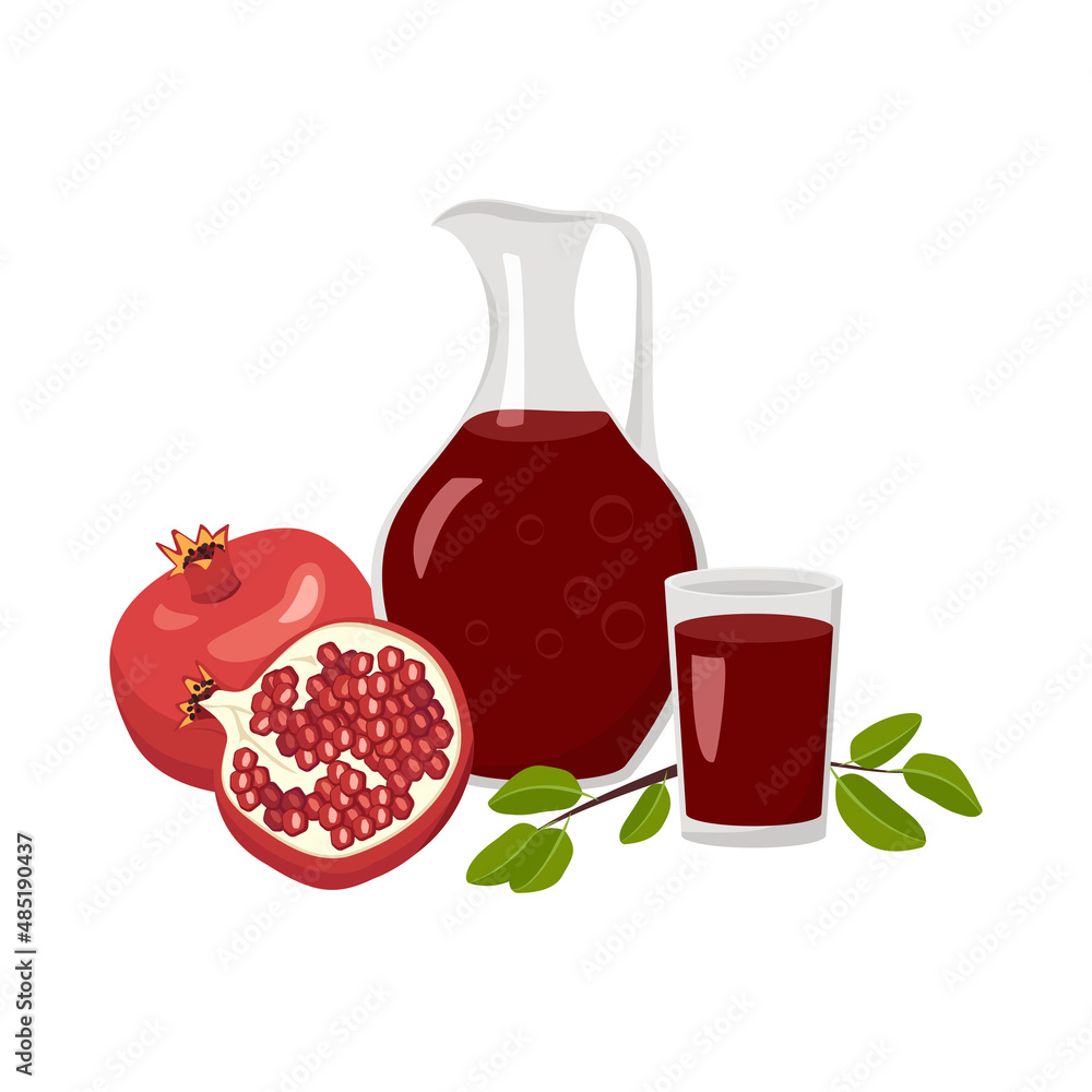 Jug and glass with red pomegranate juice, whole fruit with leaves and halves with grains. Delicious healthy drink and product. Vector flat food illustration Jug and glass with red pomegranate juice, whole fruit with leaves and halves with grains. Delicious healthy drink and product. Vector flat food illustration