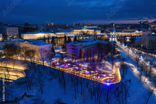 Nizhniy Novgorod. Festive lights. Aerial view of the Kremlin from the embankment.