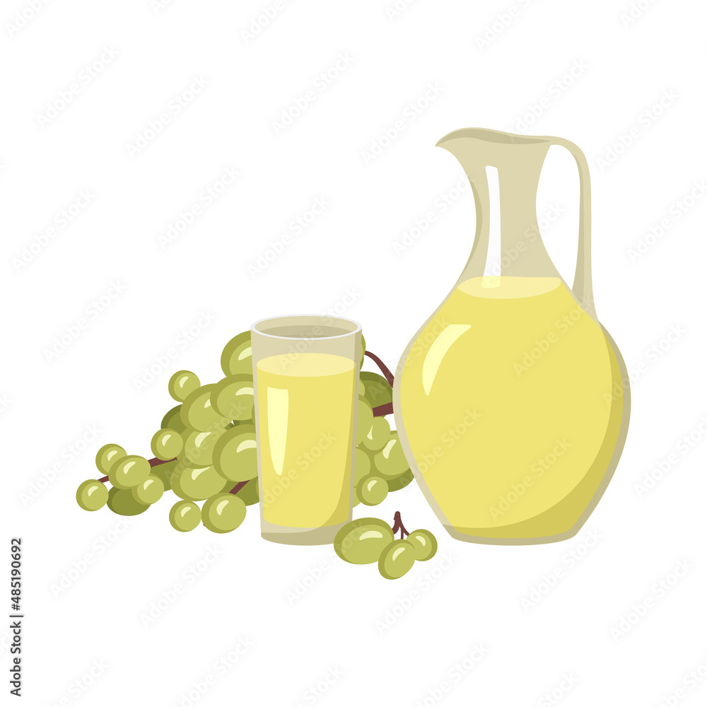 Jug and glass with yellow grape juice and branch with berries. Delicious healthy drink and product. Vector flat food illustration Jug and glass with yellow grape juice and branch with berries. Delicious healthy drink and product. Vector flat food illustration