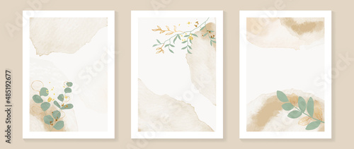 Luxury abstract botanic wall art. Minimal warm tone watercolor texture with golden leaves and branch in line art style set. Design for wall decoration, banner, covers, postcard.