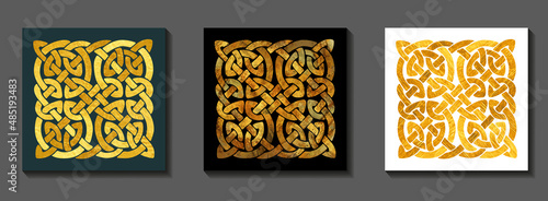Gold vintage art vector set with celtic knot pattern. Grunge luxury cover design. Gold vector texture background. Illustration for cover, flyer, brochure.