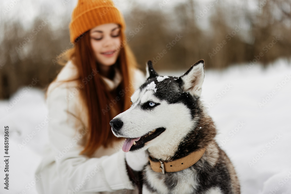 woman with dog on the snow walk play rest Lifestyle woman with dog on the snow walk play rest Lifestyle