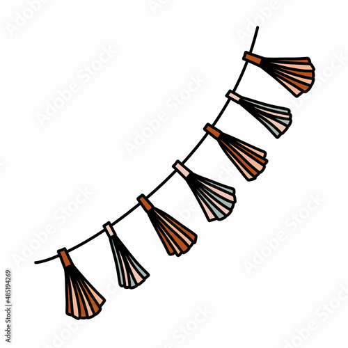 Festive garland flags in the form of tassels. Hand drawn vector illustration in doodle style. Isolated element on a transparent background
