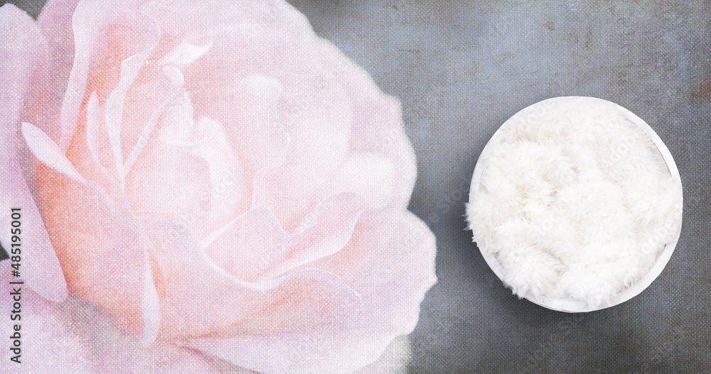 Fine art Newborn digital backdrop/background for girls or boys, with bowl and soft pink rose