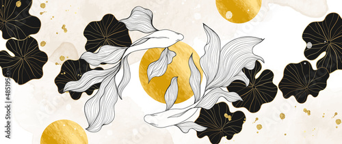 Luxury botanic and fish in line art style background. Watercolor wallpaper with gold, black, white shades of shiny sun, lotus leaves and siamese fighting fish. Sketch vector for prints and wall arts.