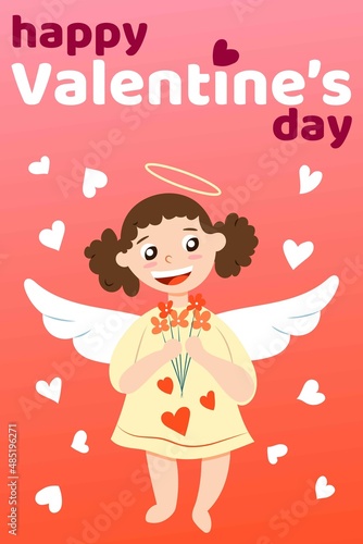 Happy Valentine s Day greeting card. Holiday congratulations. Baby girl cupid angel with wings. Holding flowers. Pink and red gradient background. Cartoon style. Cute and funny. White little hearts