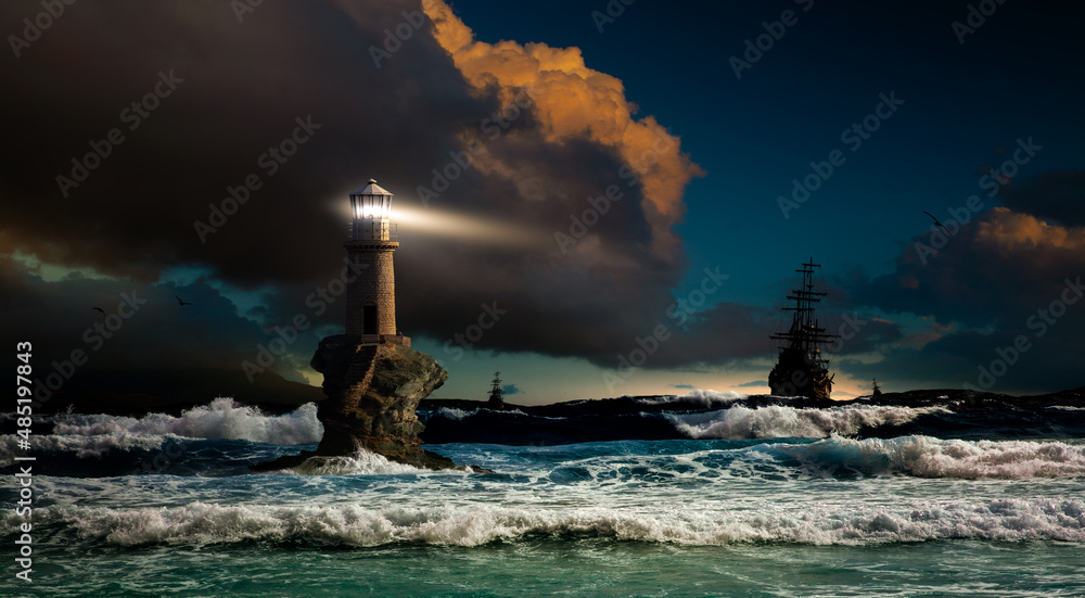 Storm at sea overlooking the lighthouse and ships. Lighthouse Tourlitis of Chora, Andros, Greece